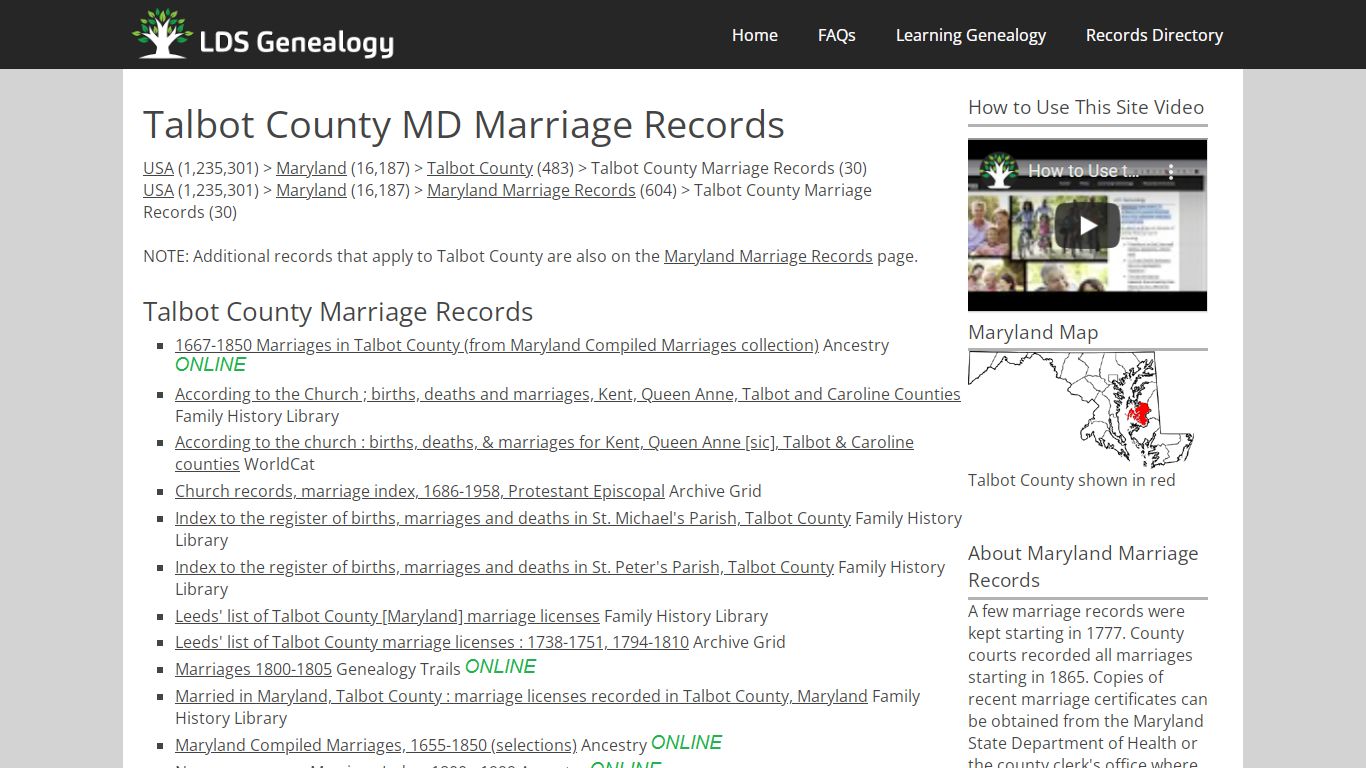 Talbot County MD Marriage Records - ldsgenealogy.com